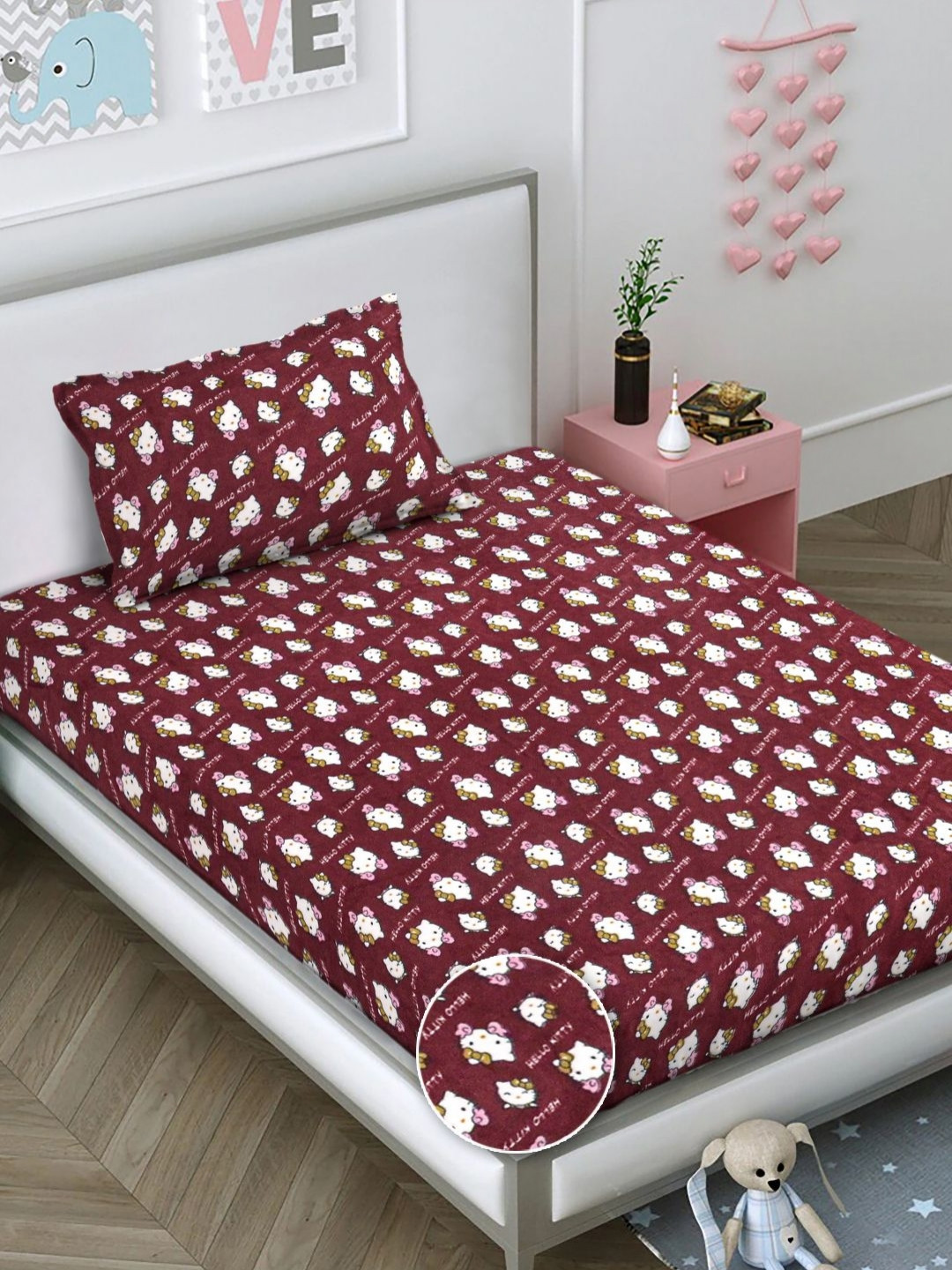 FABINALIV Maroon Cartoon Characters Wool Breathable 300 TC Single Fine Bedsheet with a Pillow Cover-87 x 59 inches