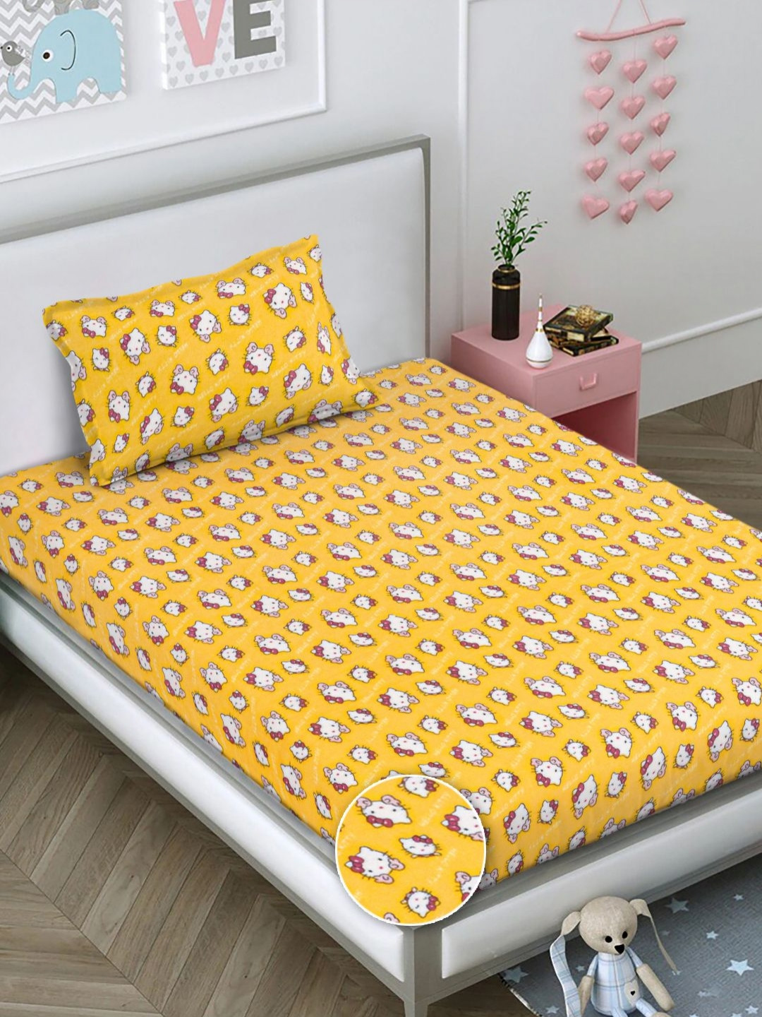 FABINALIV Yellow Cartoon Characters Wool Skin-Friendly 300 TC Single Fine Bedsheet with a Pillow Cover-87 x 59 inches