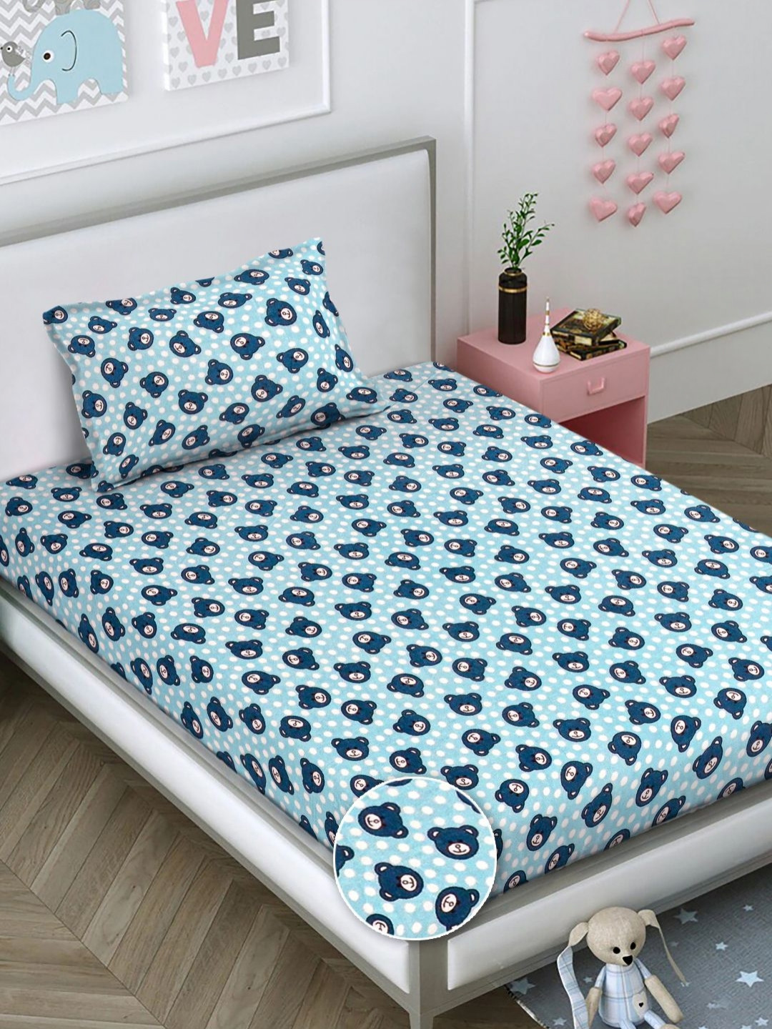 FABINALIV Cartoon Woollen Blue Conversational Wool Skin-Friendly 300 TC Single Fine Bedsheet with a Pillow Cover-87 x 59 inches