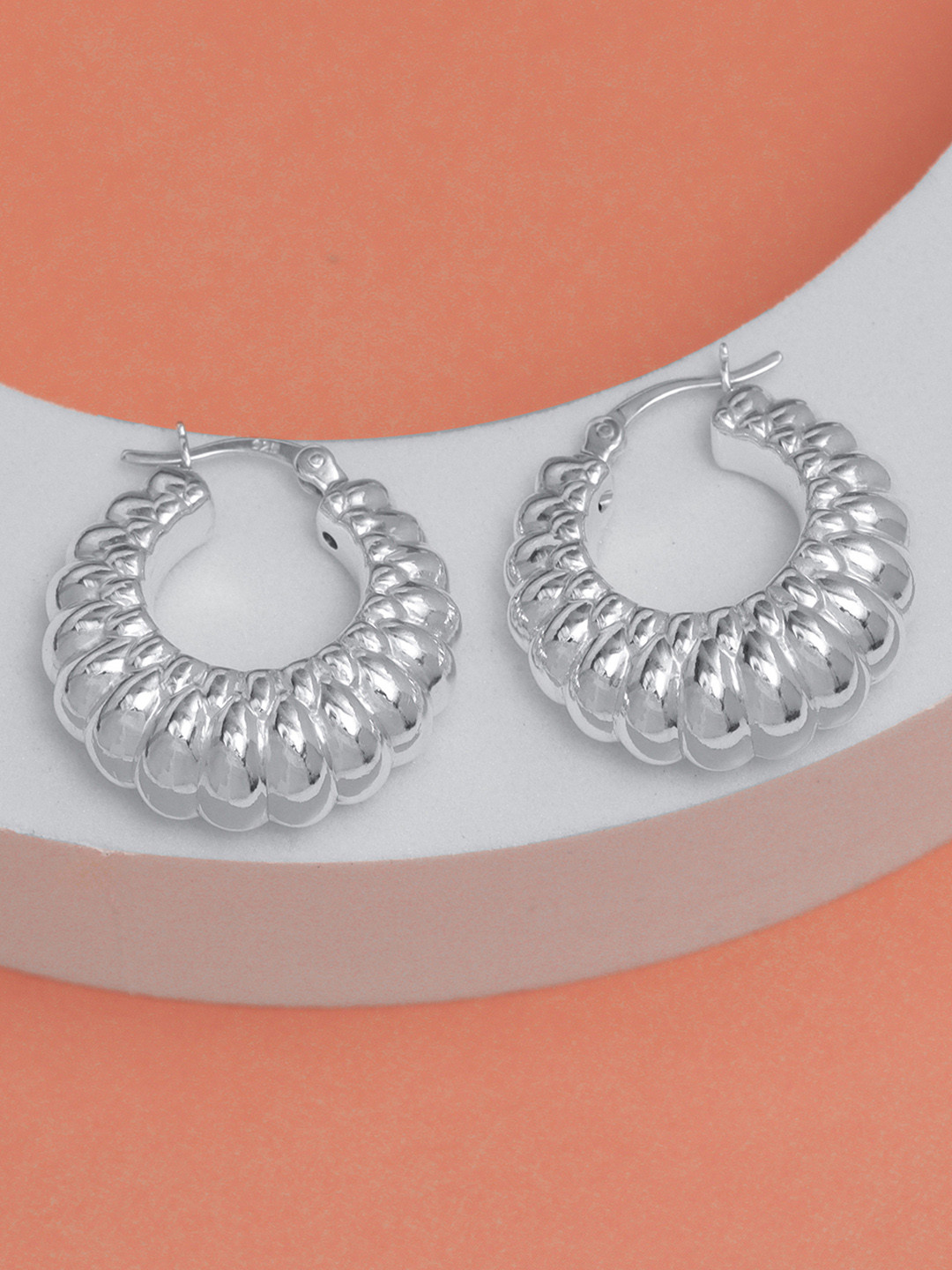 LeCalla 925 Sterling Silver-Plated Shrimp Textured Click-Top Circular Hoop Earrings