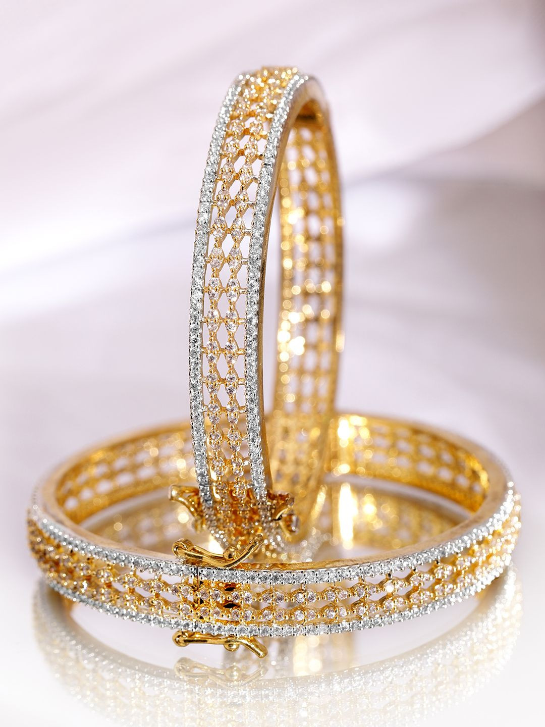 Rubans Set of 2 Rhodium & 18K Gold-Plated Cubic Zirconia Studded Designer Bangles