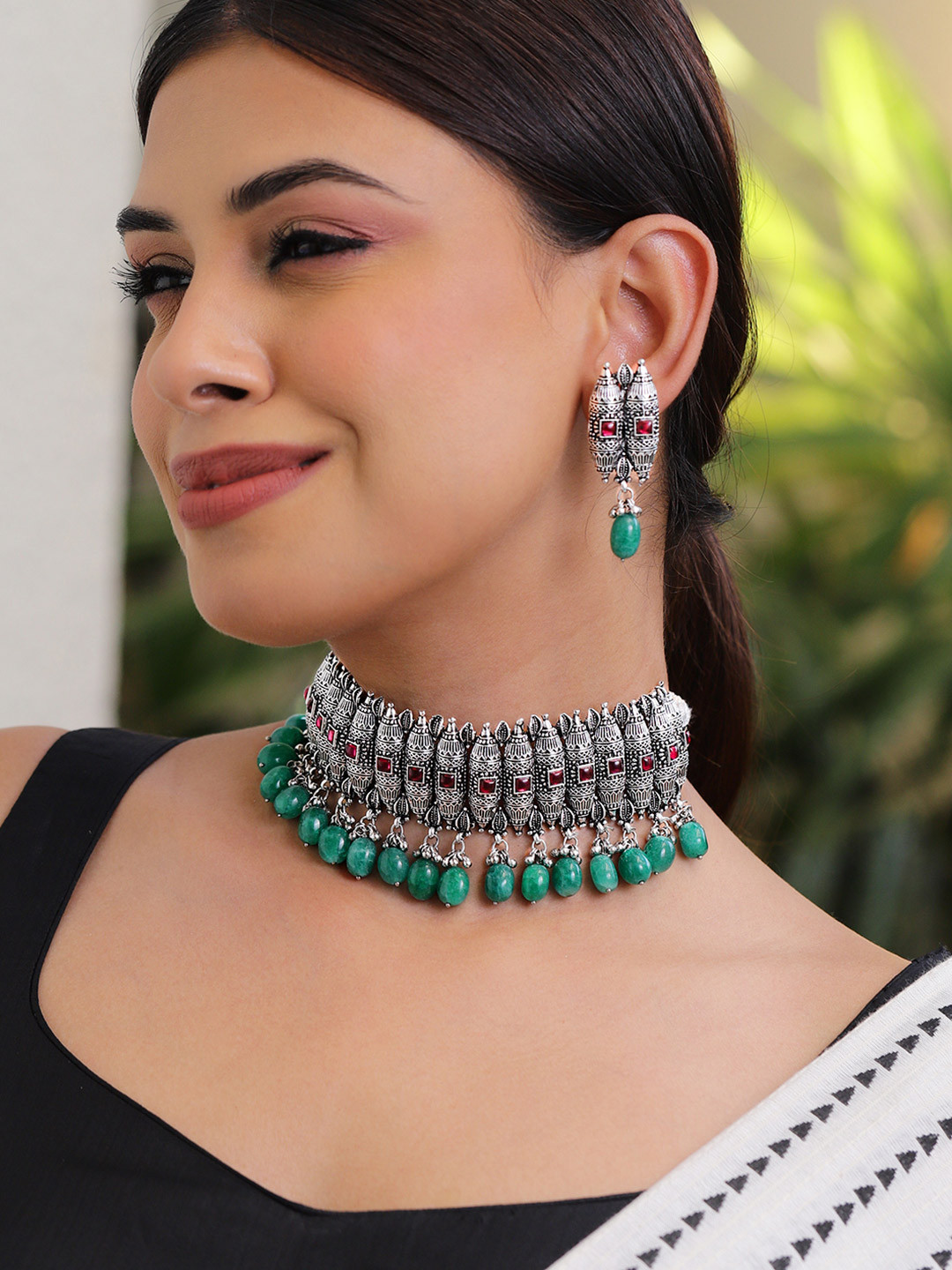 Rubans Oxidised Silver-Plated Green Beaded & Pink Stone Studded Choker Set