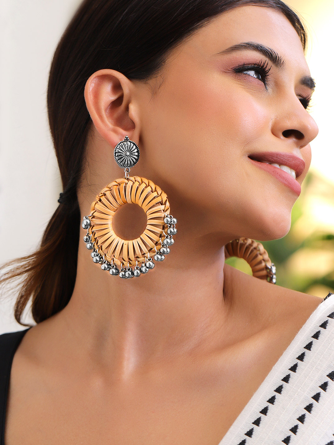 Rubans Silver-Plated Bamboo Tribal Oxidised Jhumka Hoop Earrings