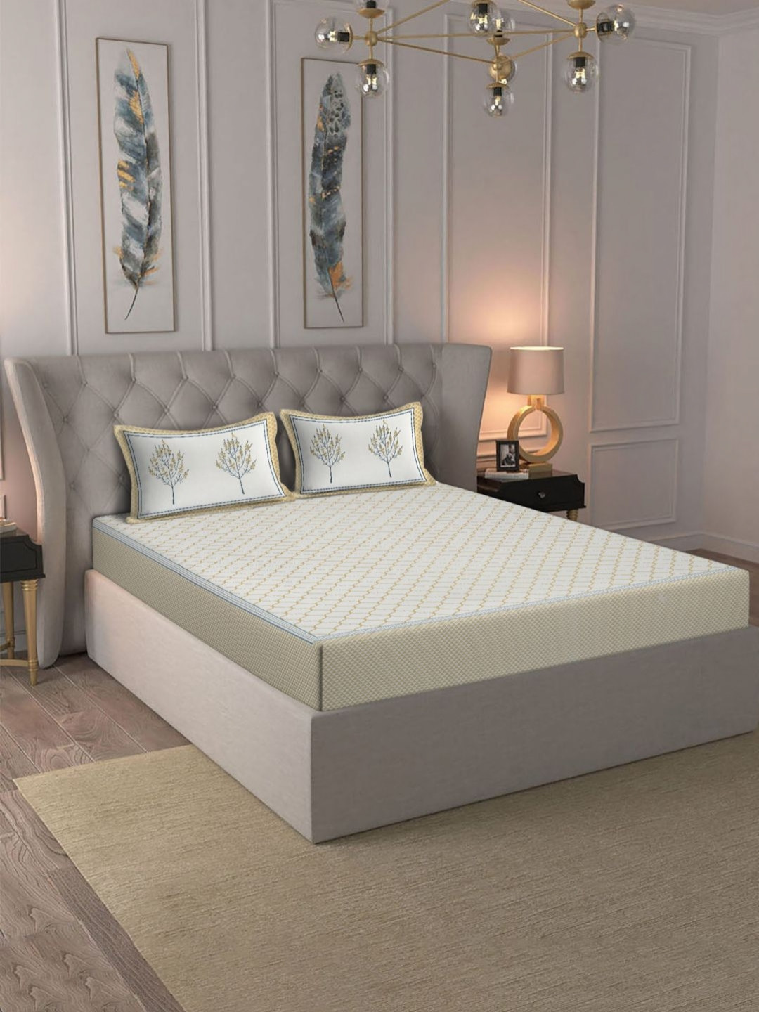 Rajasthan Decor Fresh Summer White Ethnic Motifs Pure Cotton Skin-Friendly 180 TC King Bedsheet with 2 Pillow Covers-250 x 270 cm