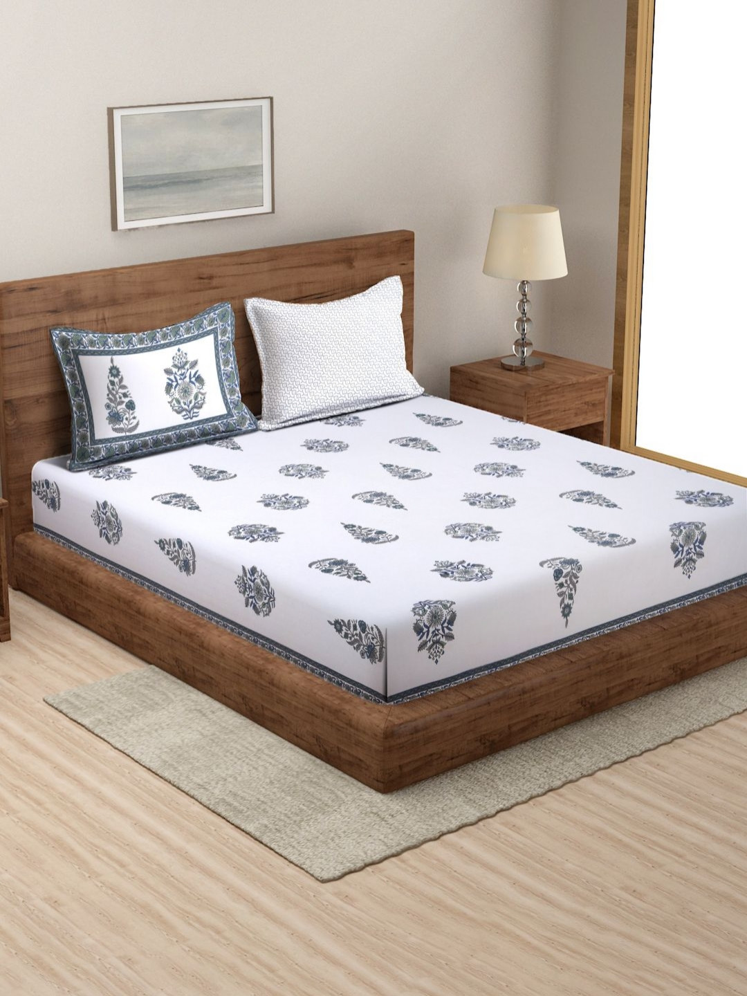 Rajasthan Decor Fresh Summer White Ethnic Motifs Cotton 180 TC King Bedsheet with 2 Pillow Covers-98 x 106 inches
