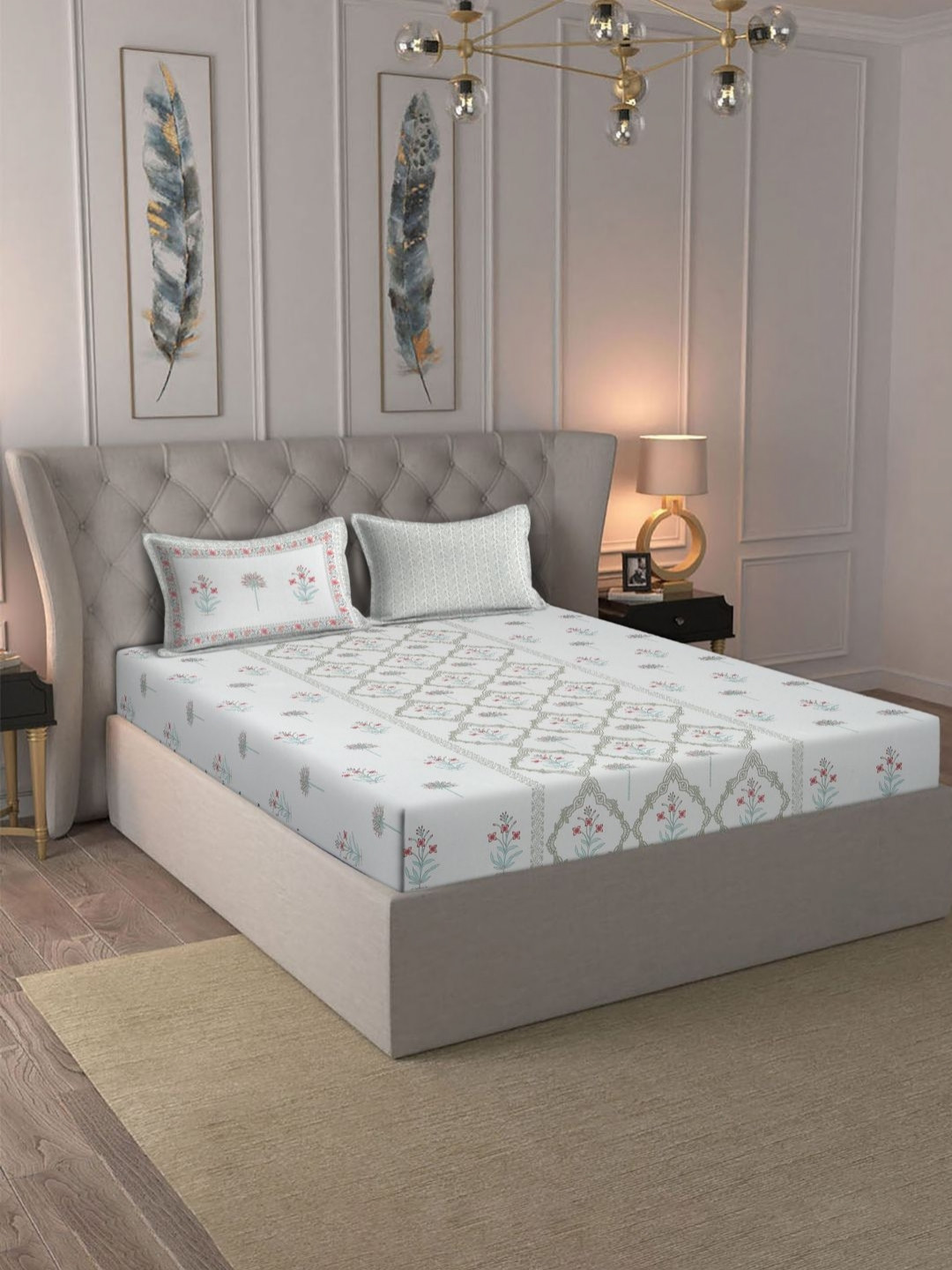 Rajasthan Decor Fresh Summer White Ethnic Motifs Pure Cotton 180 TC King Bedsheet with 2 Pillow Covers-250 x 270 cm