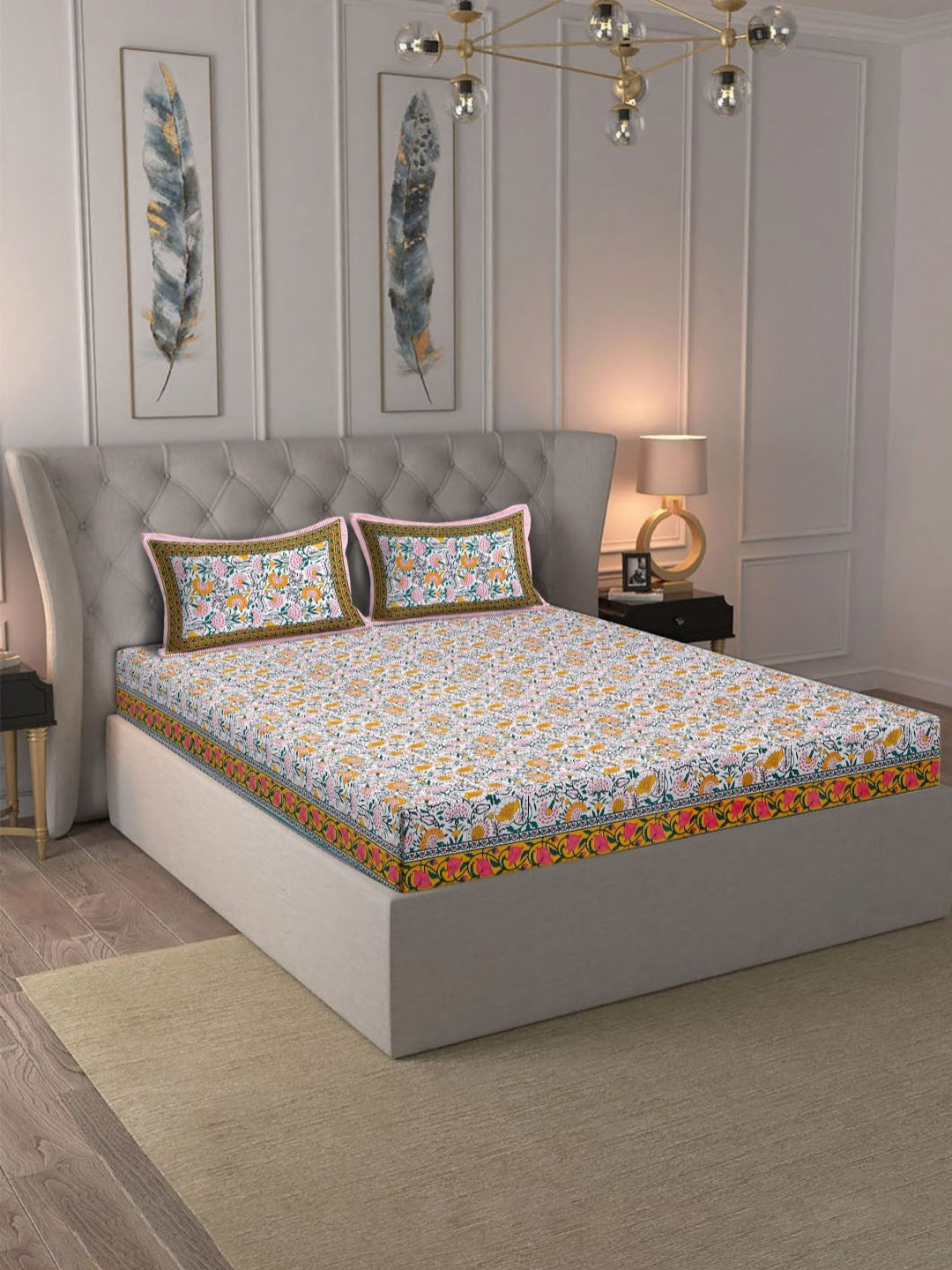 Rajasthan Decor Fresh Summer White Floral Pure Cotton 180 TC King Fine Bedsheet with 2 Pillow Covers-98 x 106 inches