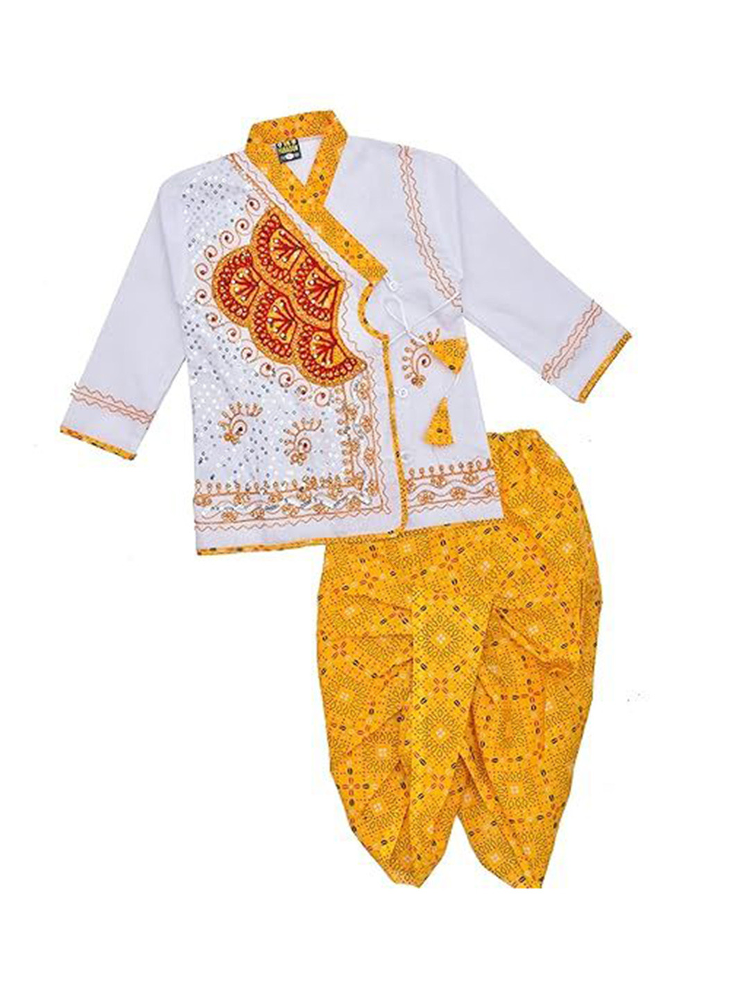 PK HUB Boys Ethnic Motifs Printed Angrakha Straight Pure Cotton Kurta With Dhoti Pants