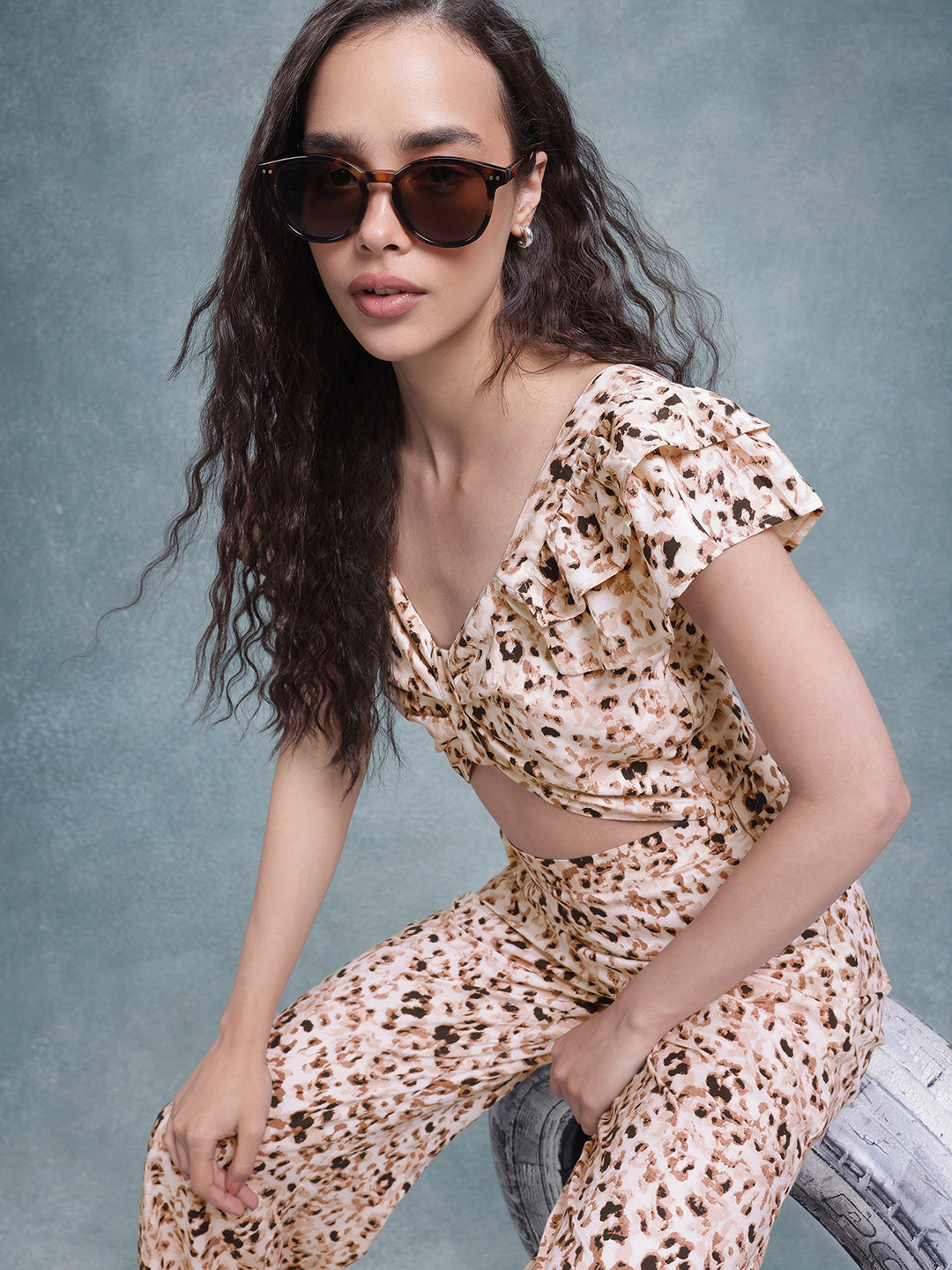 The Roadster Lifestyle Co. Animal Skin Printed Crop Top & Trouser Co-Ord Set