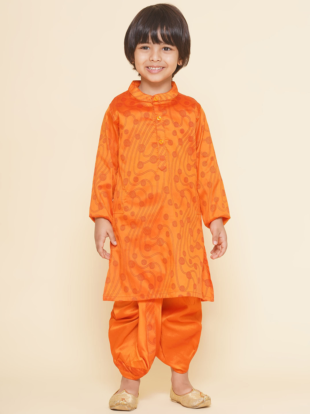 Sethukrishna Boys Geometric Printed Band Collar Straight Kurta With Dhoti Pant