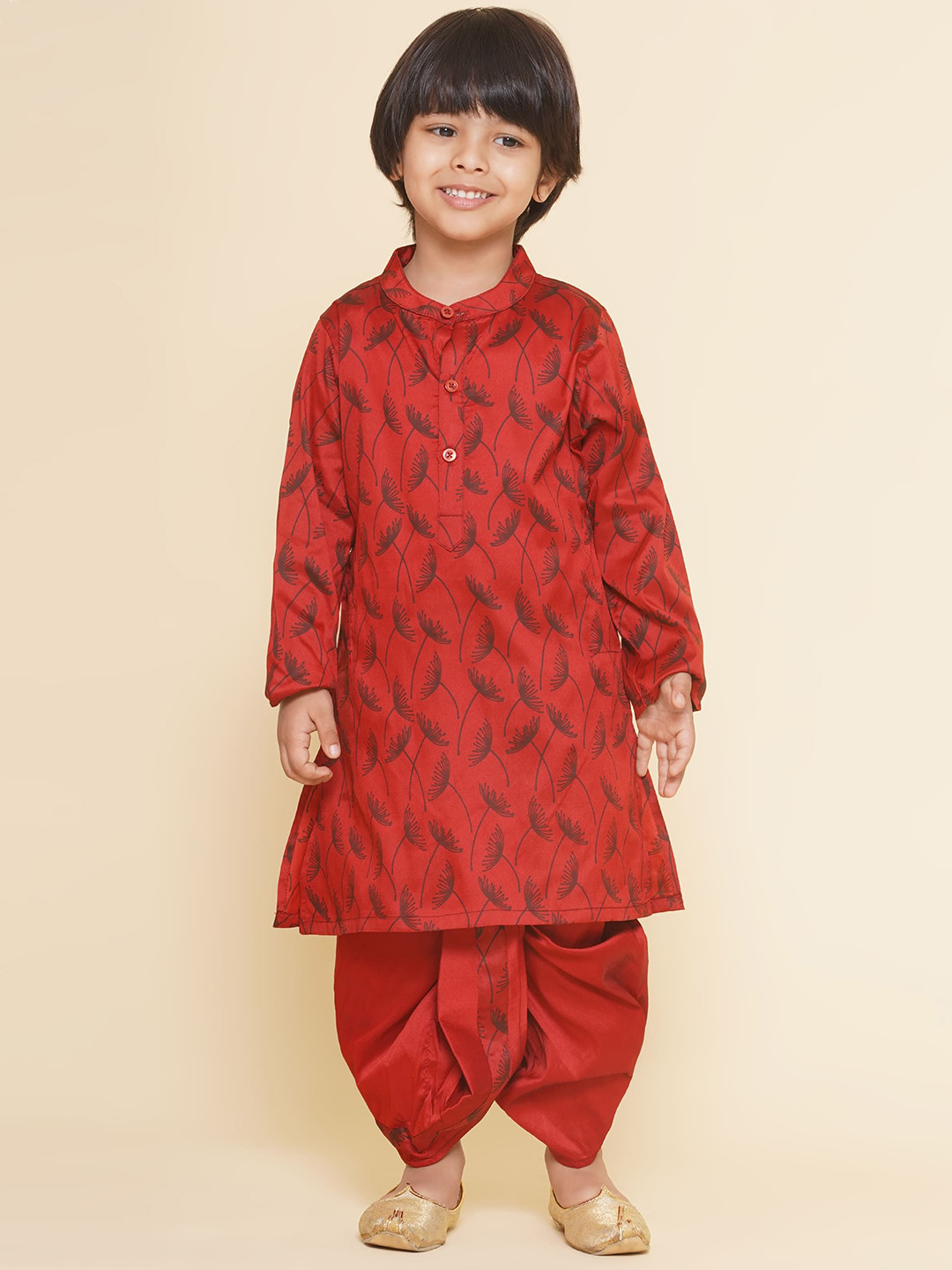 Sethukrishna Boys Floral Printed Band Collar Straight Kurta