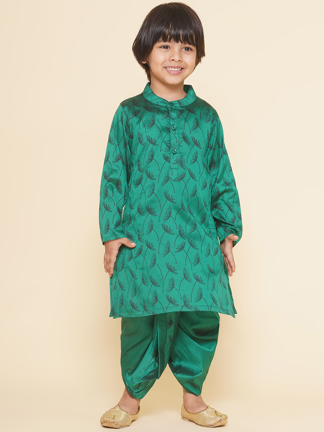 Sethukrishna Boys Floral Printed Band Collar Straight Kurta With Dhoti Pant