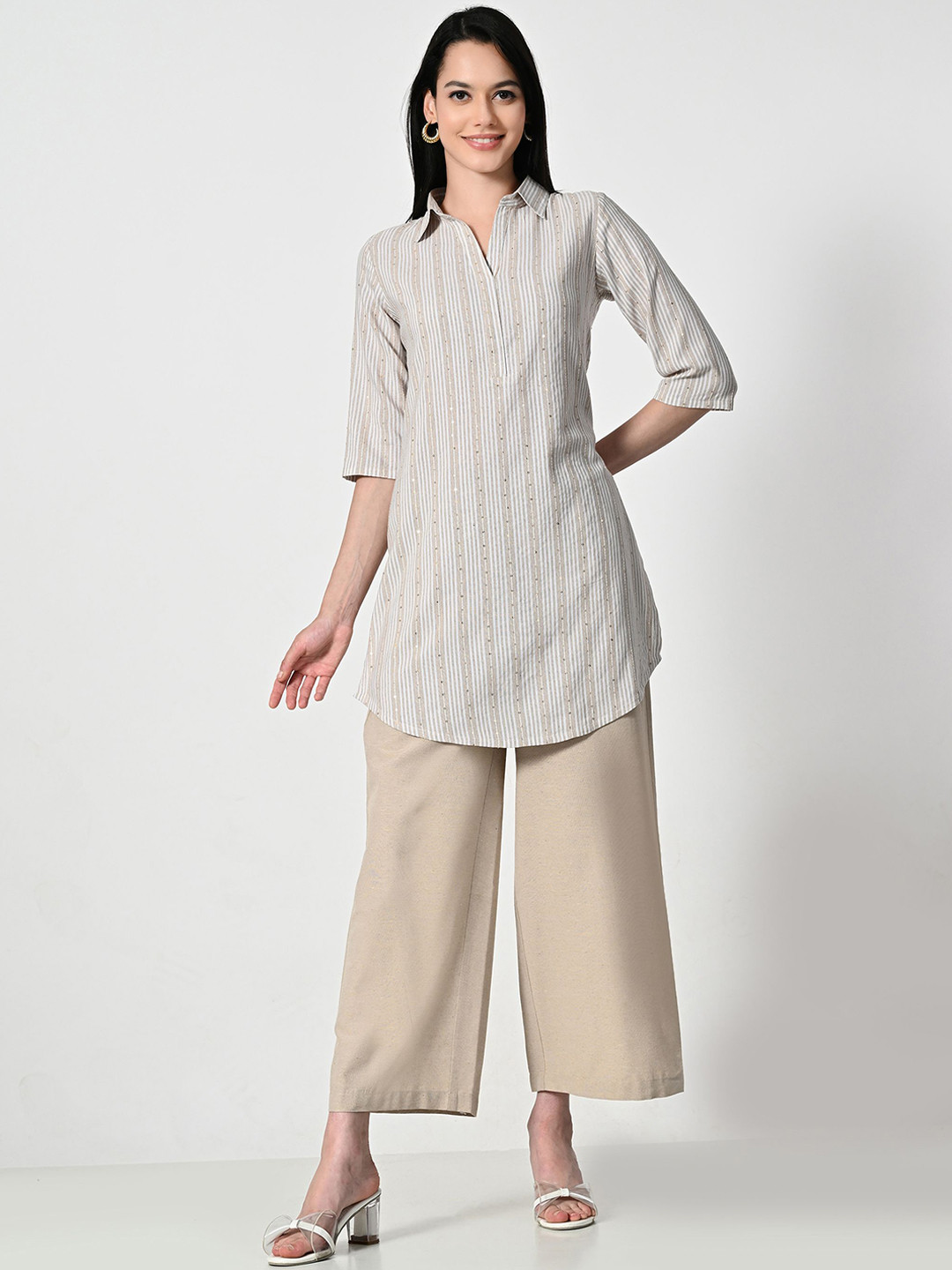 ALL WAYS YOU Stiped Shirt Collar Sequinned Cotton Straight Kurta