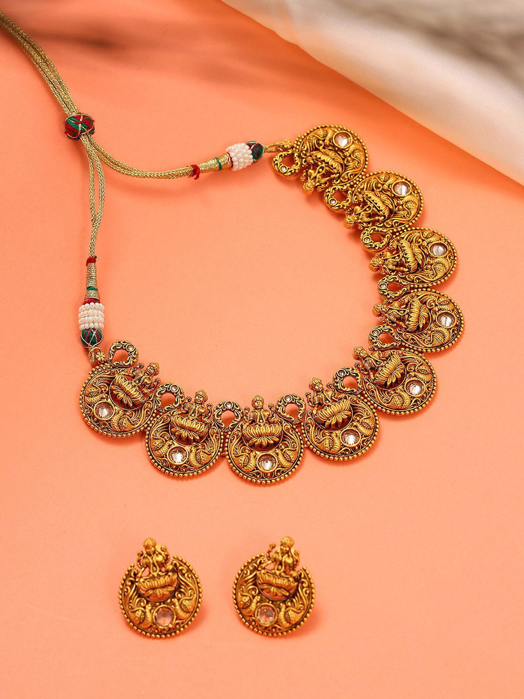 Exotic India Traditional Goddess Laxmi Brass Necklace with Earrings Set