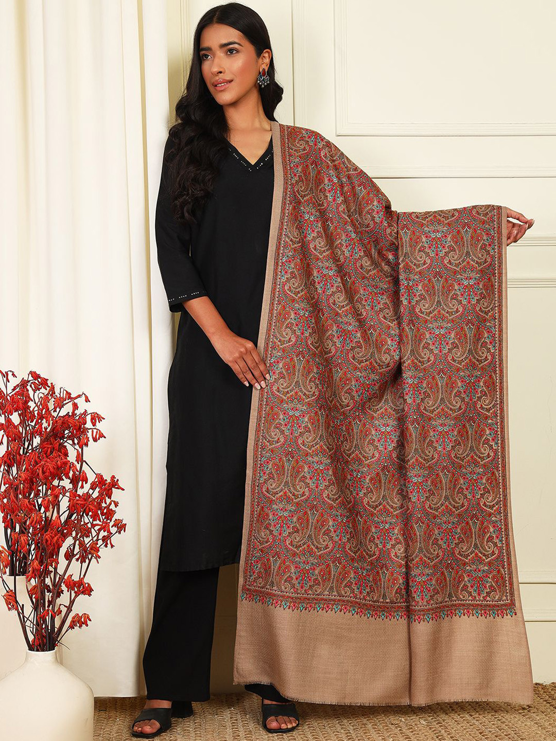Pashmoda Paisley Embroidered Woollen Silk Shawl