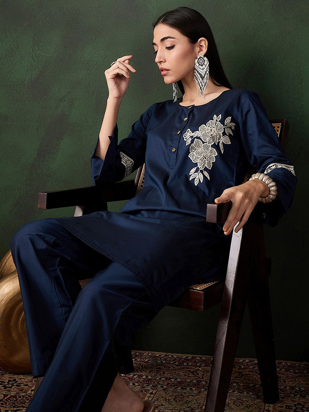 Sangria Navy Blue Thread Work Round Neck Straight Kurta And Trousers