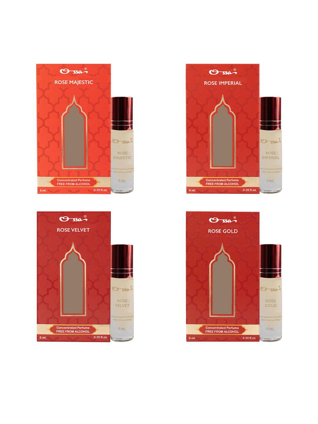 Ossa Set Of 4 Rose Majestic- Imperial- Velvet- Gold Concentrated Attar- 6 ml Each