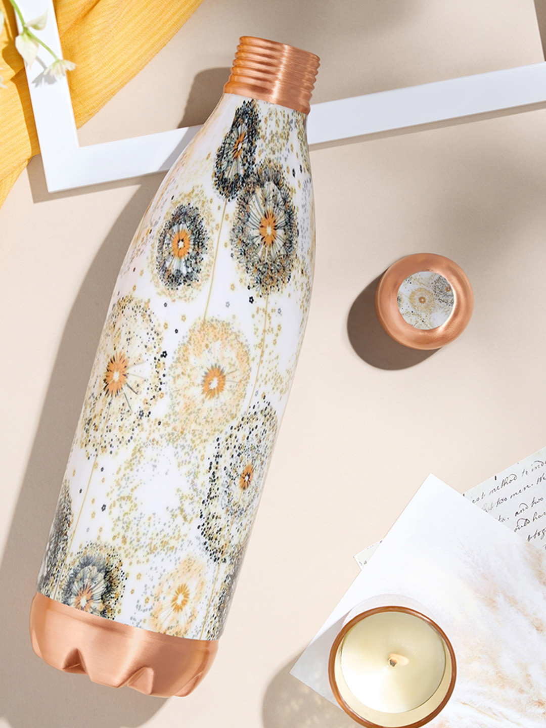 BOROSIL Vesta White & Copper-Toned Printed Pure Copper Water Bottle 1L