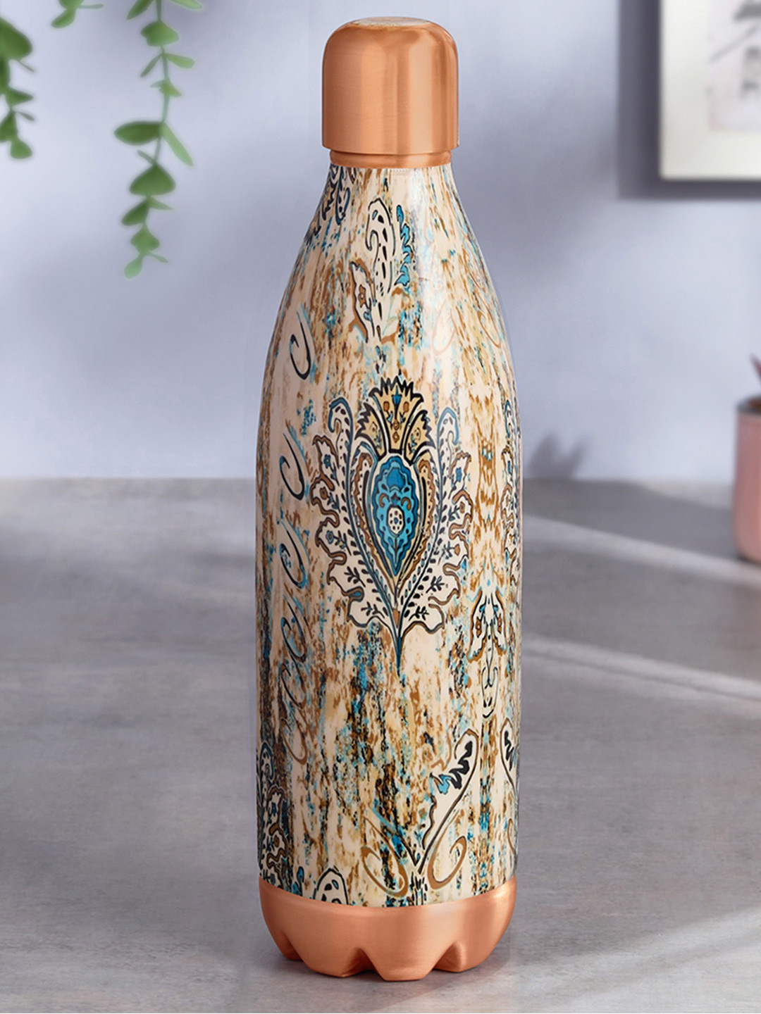 BOROSIL Maya Beige & Copper-Toned Printed Pure Copper Water Bottle 1L
