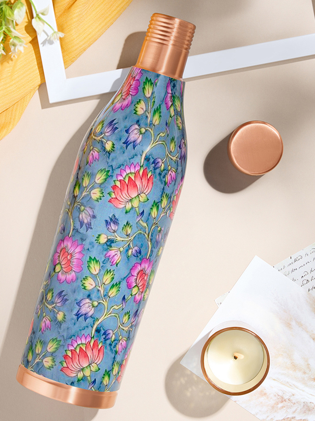 BOROSIL Quinn Navy Blue Floral Copper Spill Proof Water Bottle - 800ml