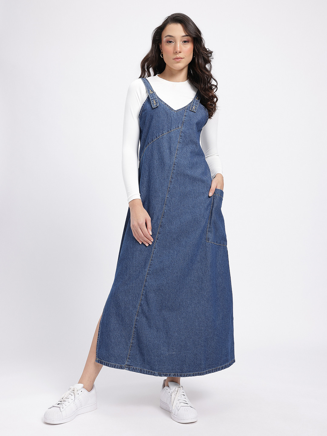 glitchez Pure Cotton Shoulder Straps Maxi Denim Pinafore Dress with Side Slit