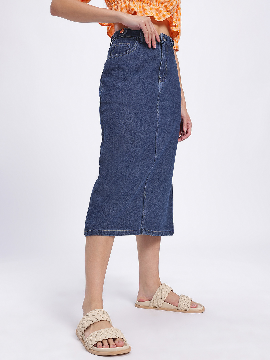 glitchez Back Slit Denim Midi Straight Skirt