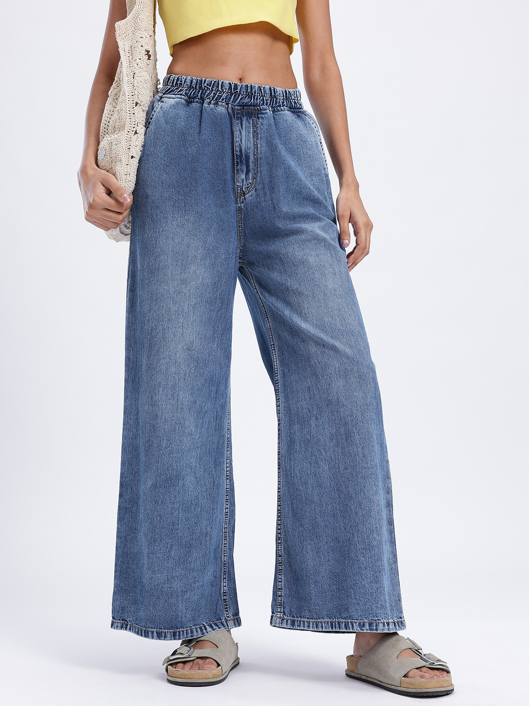glitchez Women Washed Wide Leg Jeans