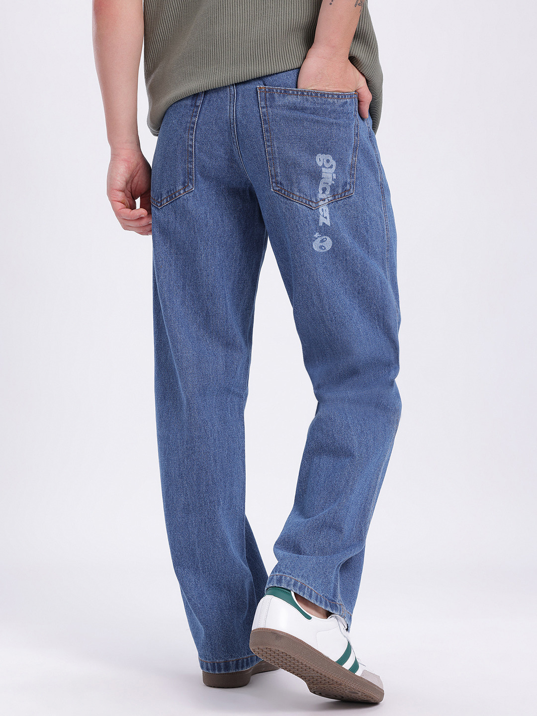 glitchez Men Brand Logo Printed Mid-Rise Pure Cotton Baggy Fit Jeans