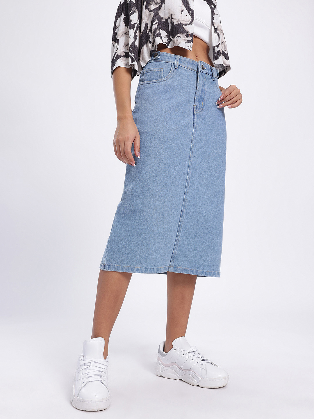 glitchez Back Slit Denim Midi Straight Skirt