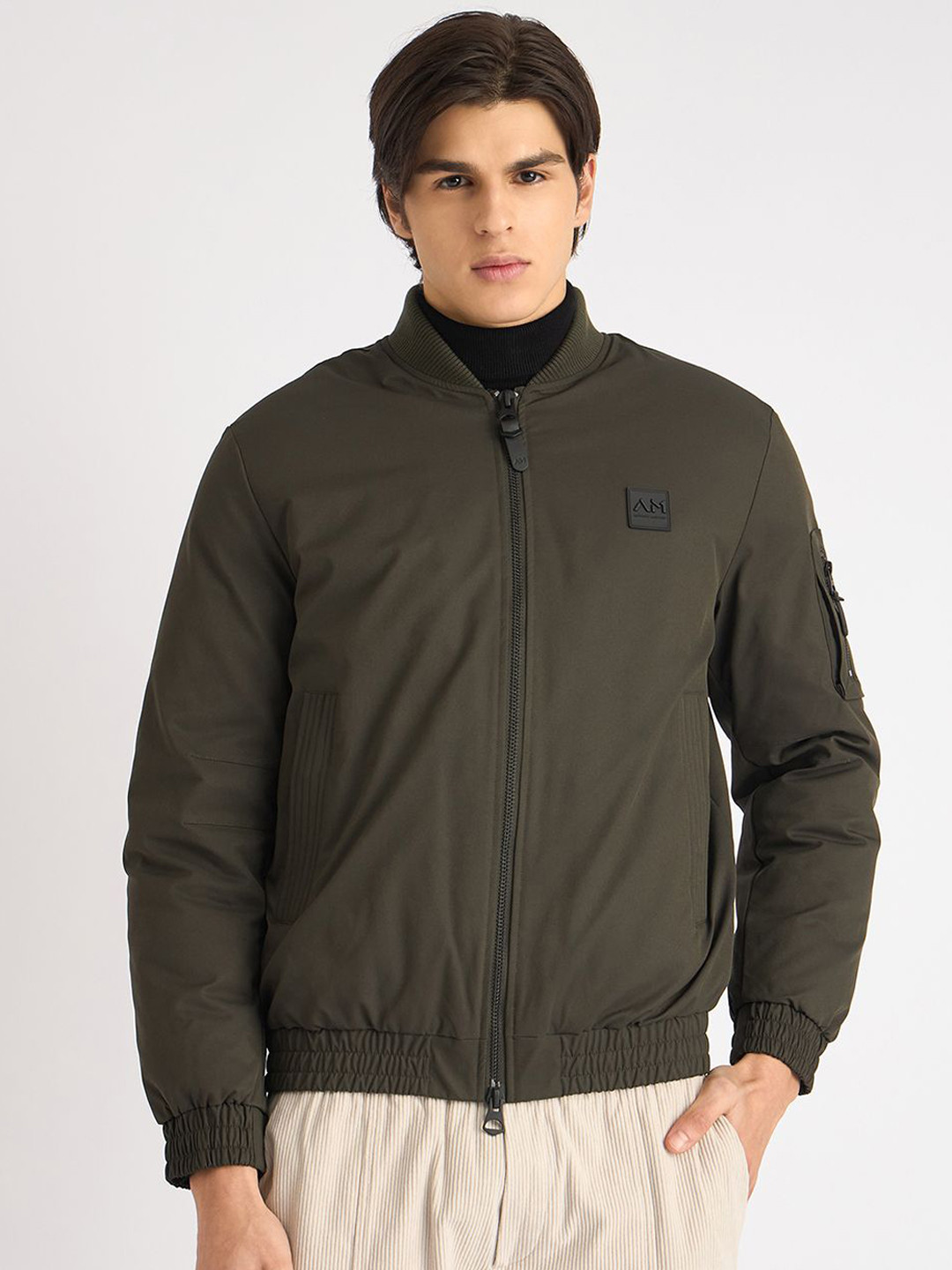 Antony Morato Men Stand Collar Solid Casual Bomber Jacket