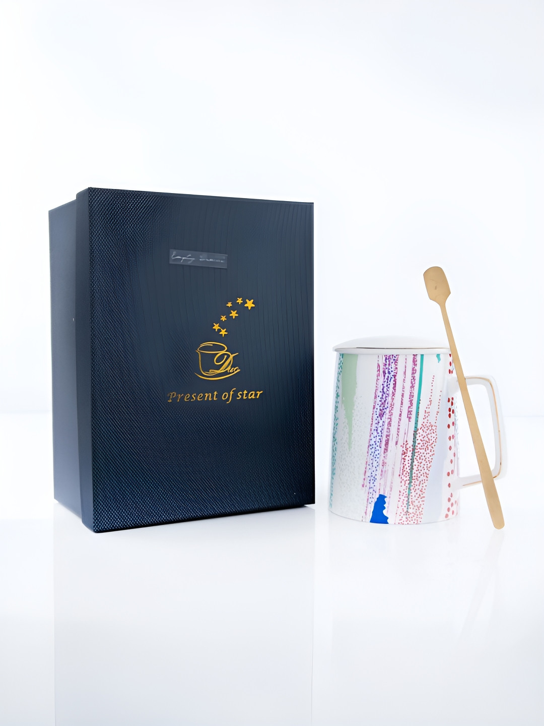 giBOX White Abstract Ceramic Handmade Mug with Lid and Spoon-400ml