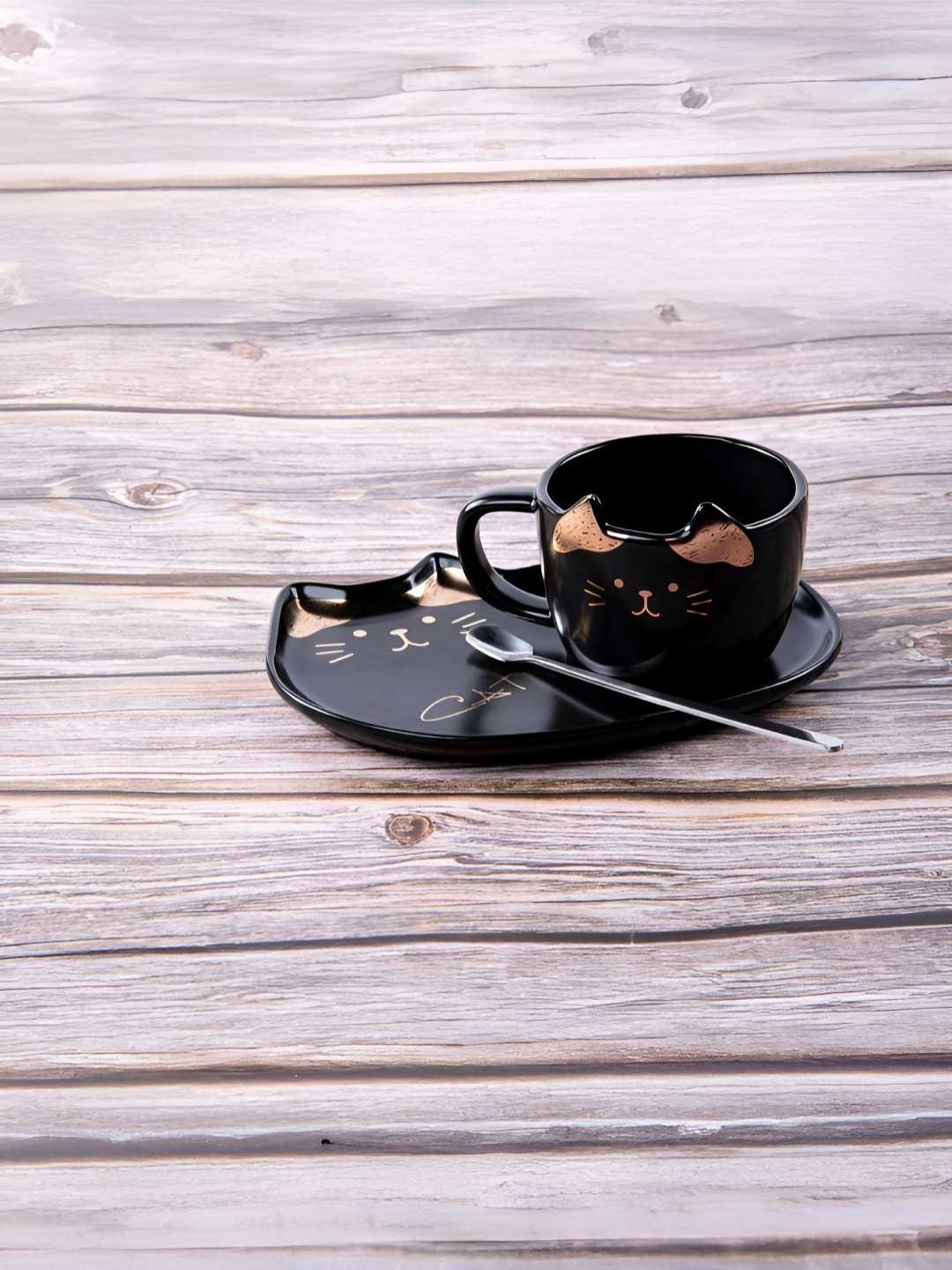 giBOX Black & Brown 3 Pieces Cat Printed Ceramic Glossy Cup With Saucer & Spoon