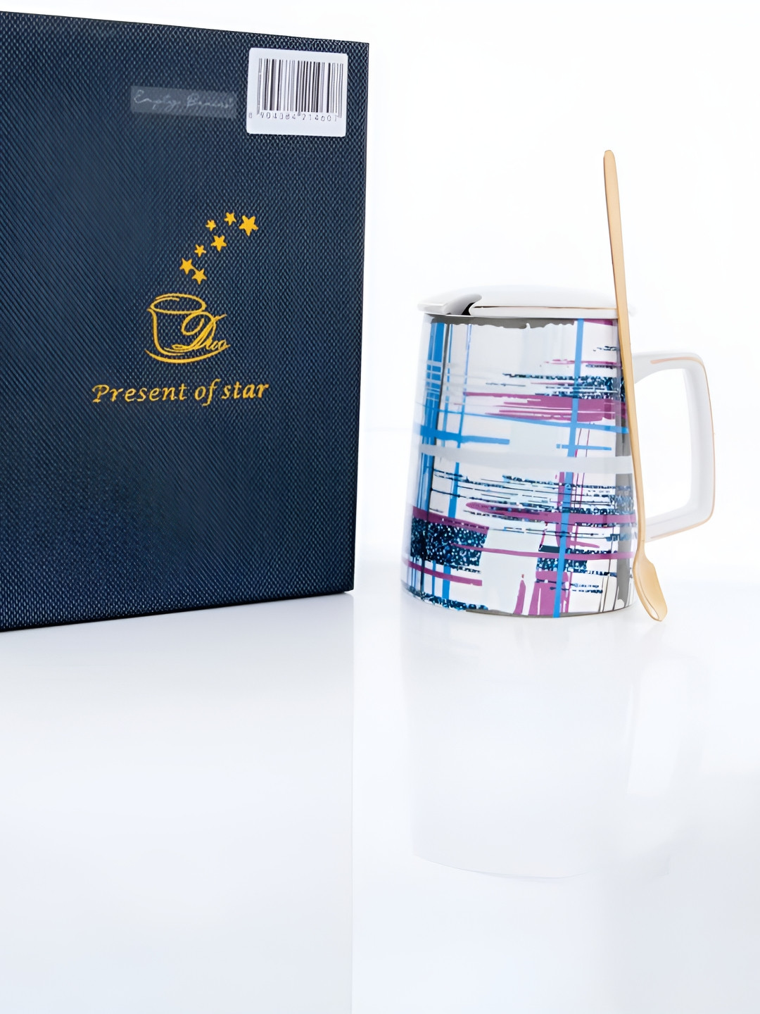 giBOX Daisy & Tulip White Abstract Ceramic Handmade Mug with Lid and Spoon-400ml