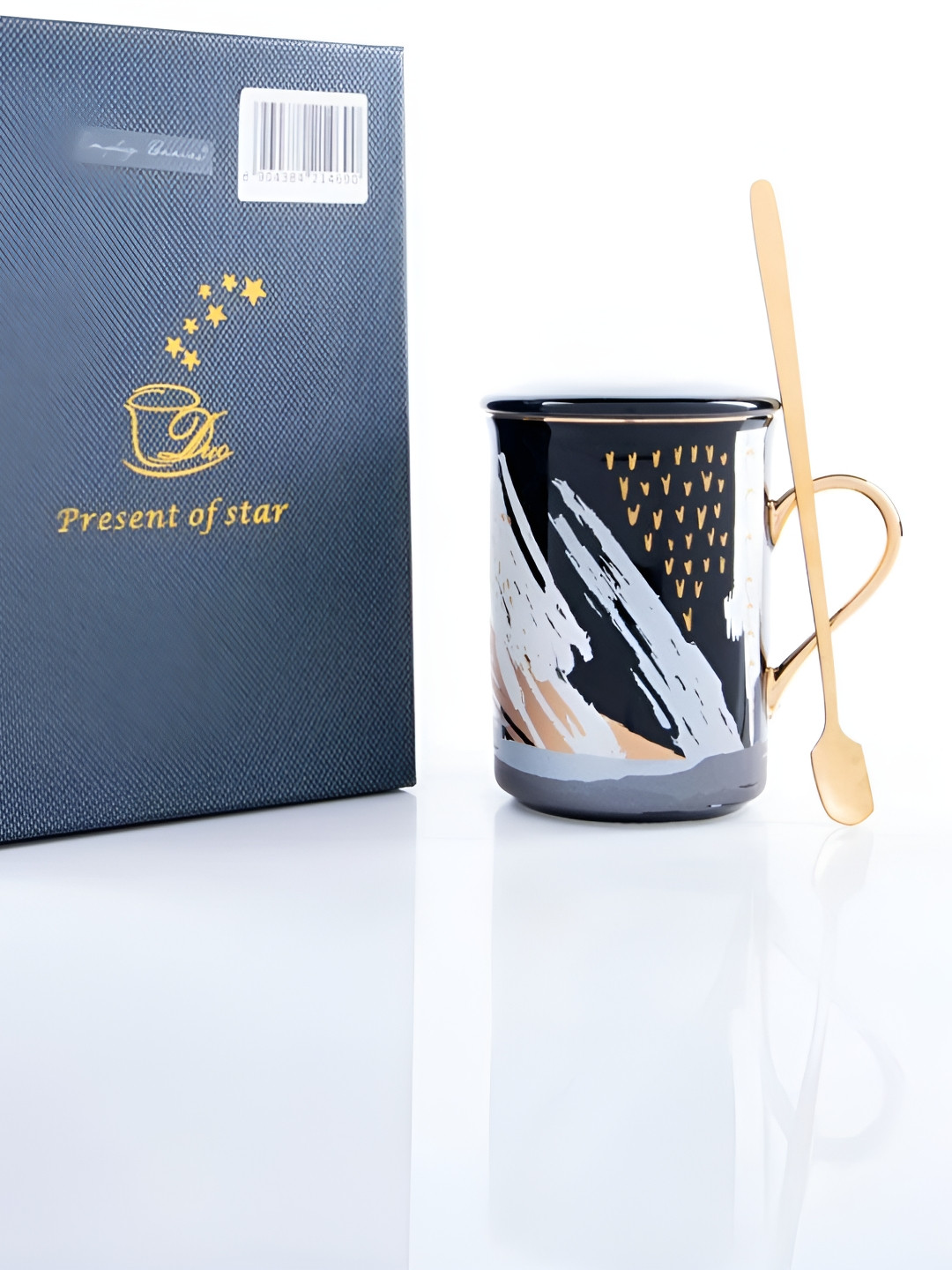 giBOX Black & Gold-Toned Printed Ceramic Matte Mug With Spoon