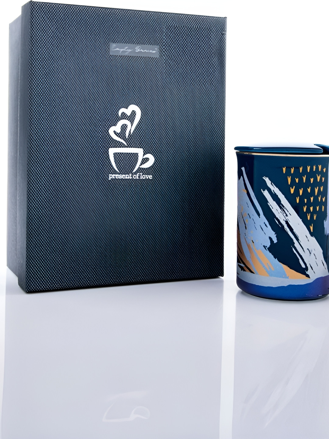 giBOX Blue & Gold-Toned 3 Pieces Printed Ceramic Mug 400ml With Lid & Spoon