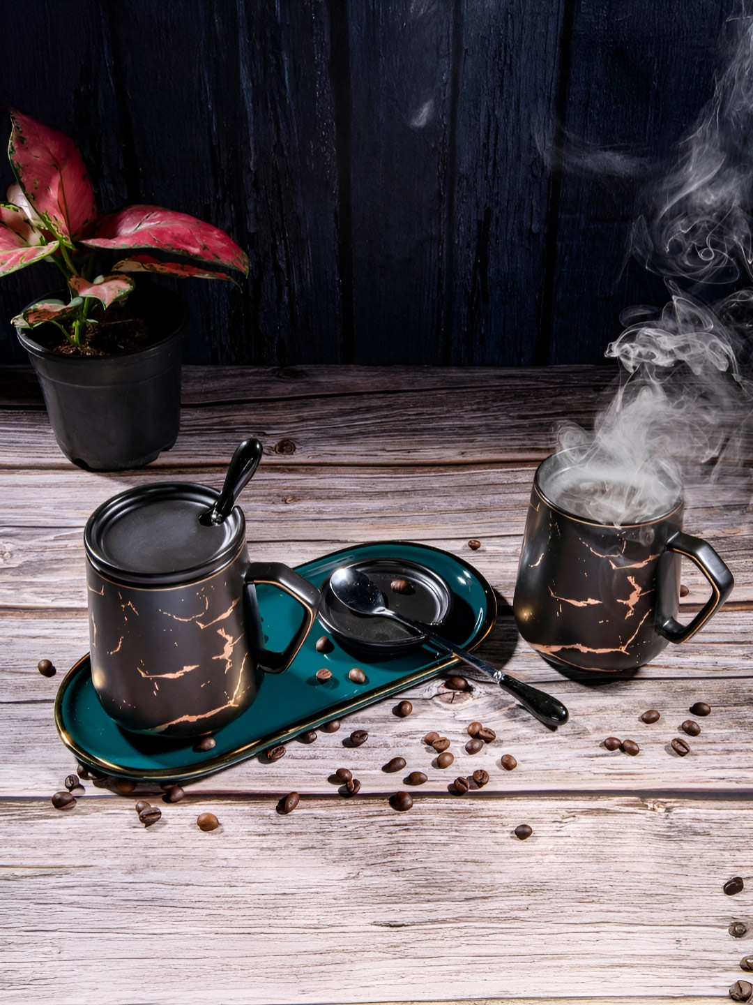 giBOX Diamond Black Abstract Ceramic Microwave Safe 2 Piece Mug with Lid and 2 Spoon, 1 Tray-400ml