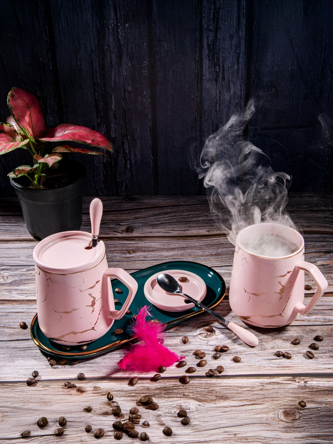 giBOX Sassy Mom Pink Abstract Ceramic Microwave Safe 2 Piece Mug with Lid and 2 Spoon, 1 Tray-400ml