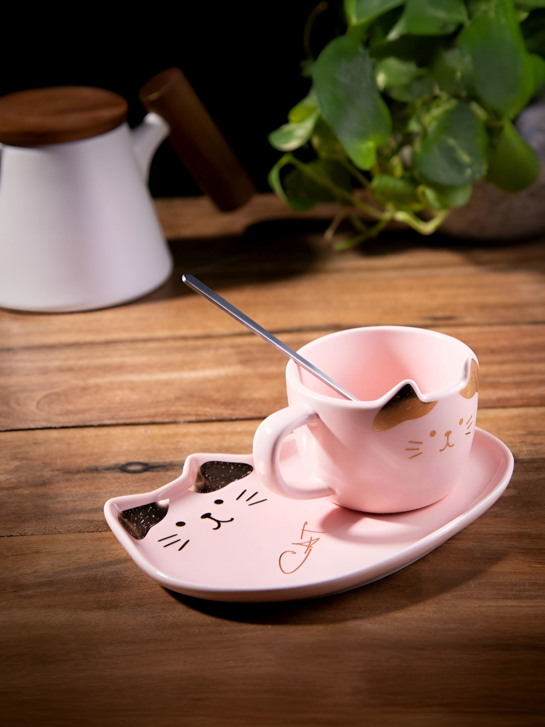 giBOX Pink & Brown 3 Pieces Cat Printed Cup With Saucer & Spoon 200ml