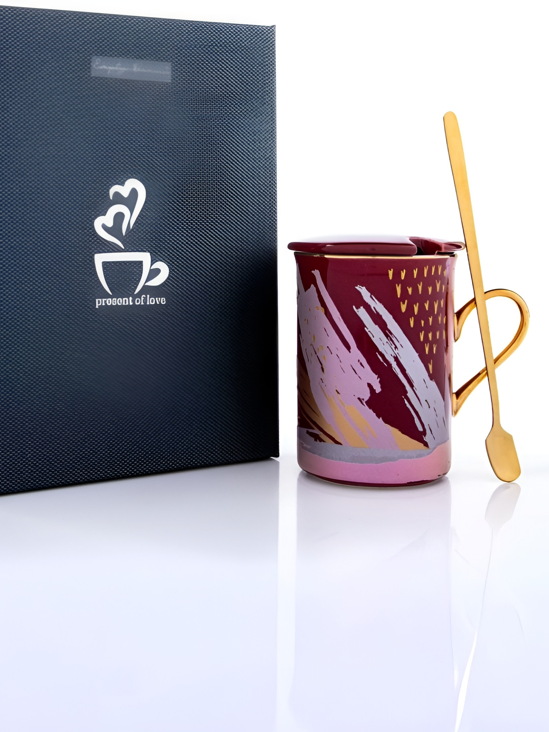 giBOX Goldline Collection Gold Abstract Ceramic Microwave Safe Mug with Lid and Spoon-350ml