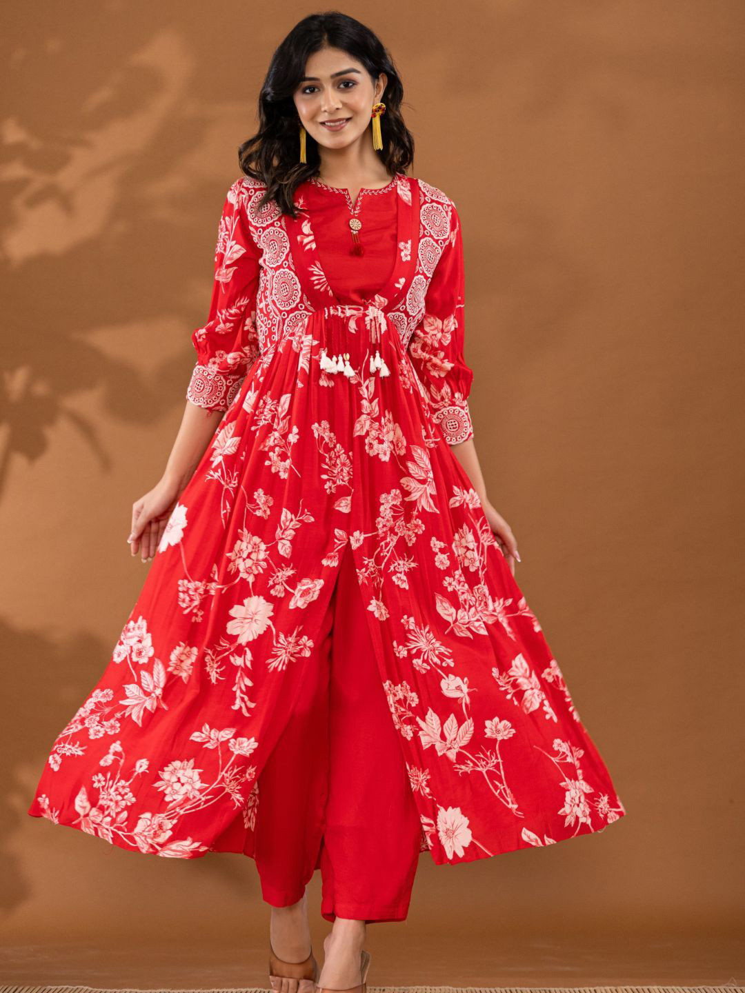 ANUSHEET Floral Printed Pleated Pure Silk Anarkali Kurta with Trousers & Dupatta