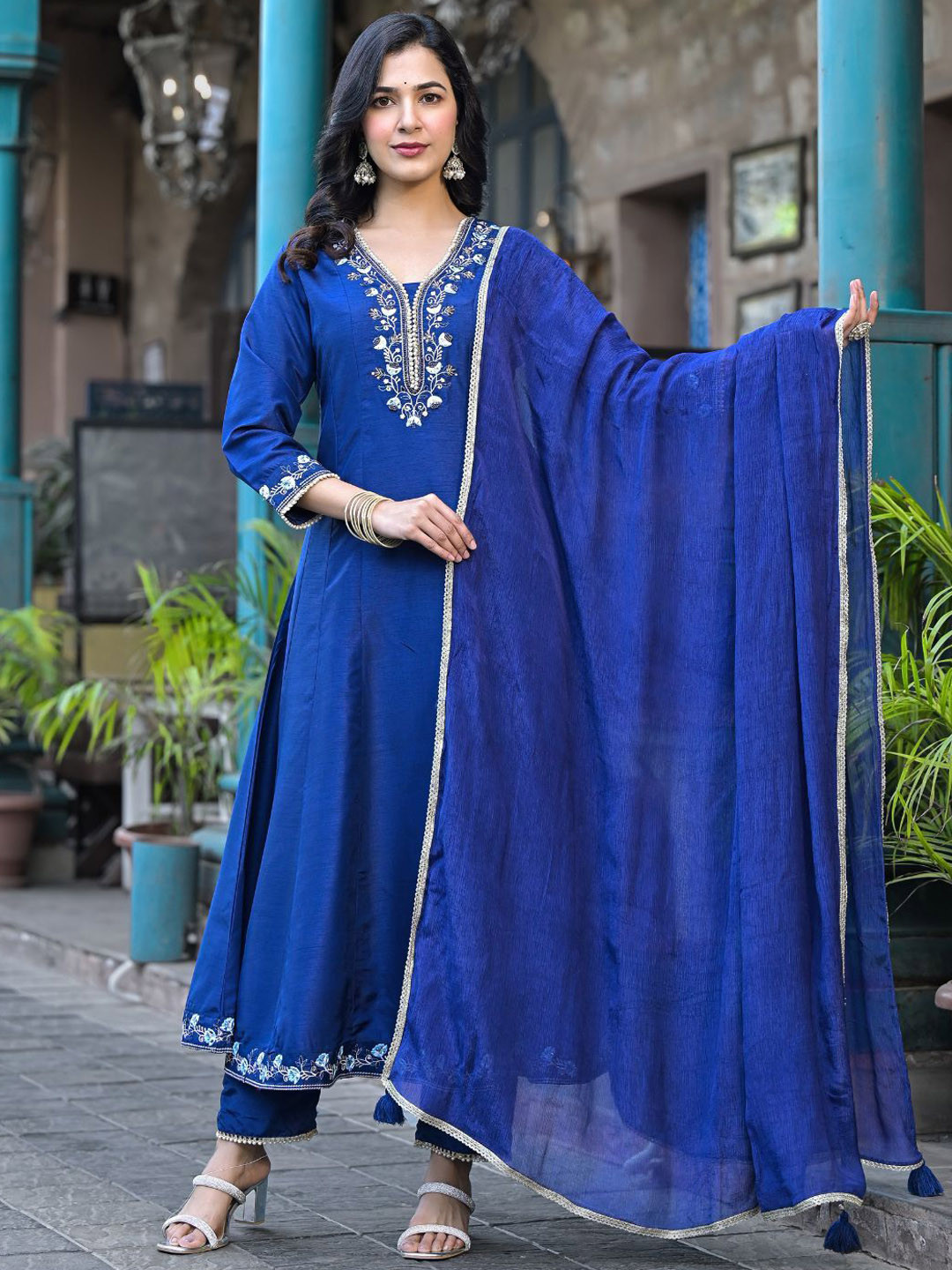 ANUSHEET Floral Printed Beads and Stones Pure Silk Anarkali Kurta with Trousers & Dupatta