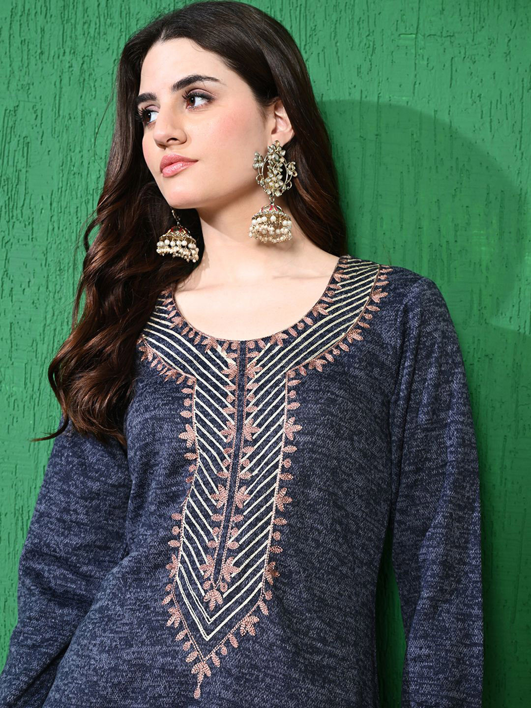 Sangria Embroidery Woven Design Round Neck Straight Winterwear Kurta & Trousers