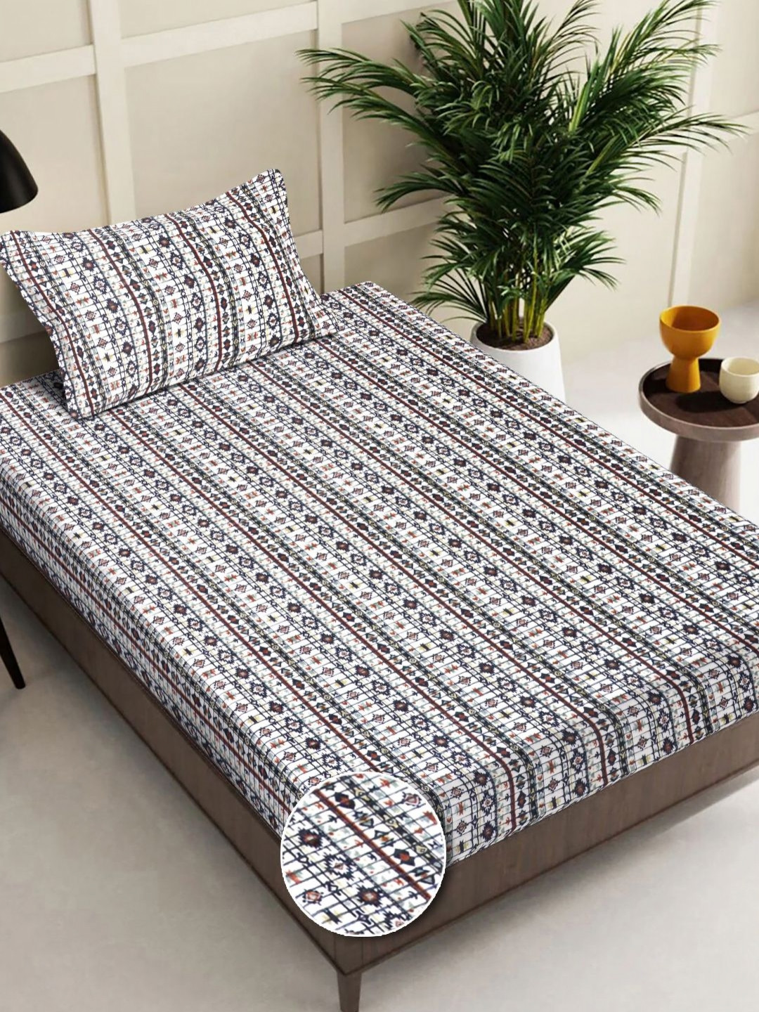 FABINALIV White And Black Ethnic Motifs Wool 300 TC Single Bedsheet Set 2.2 m x 1.5 m