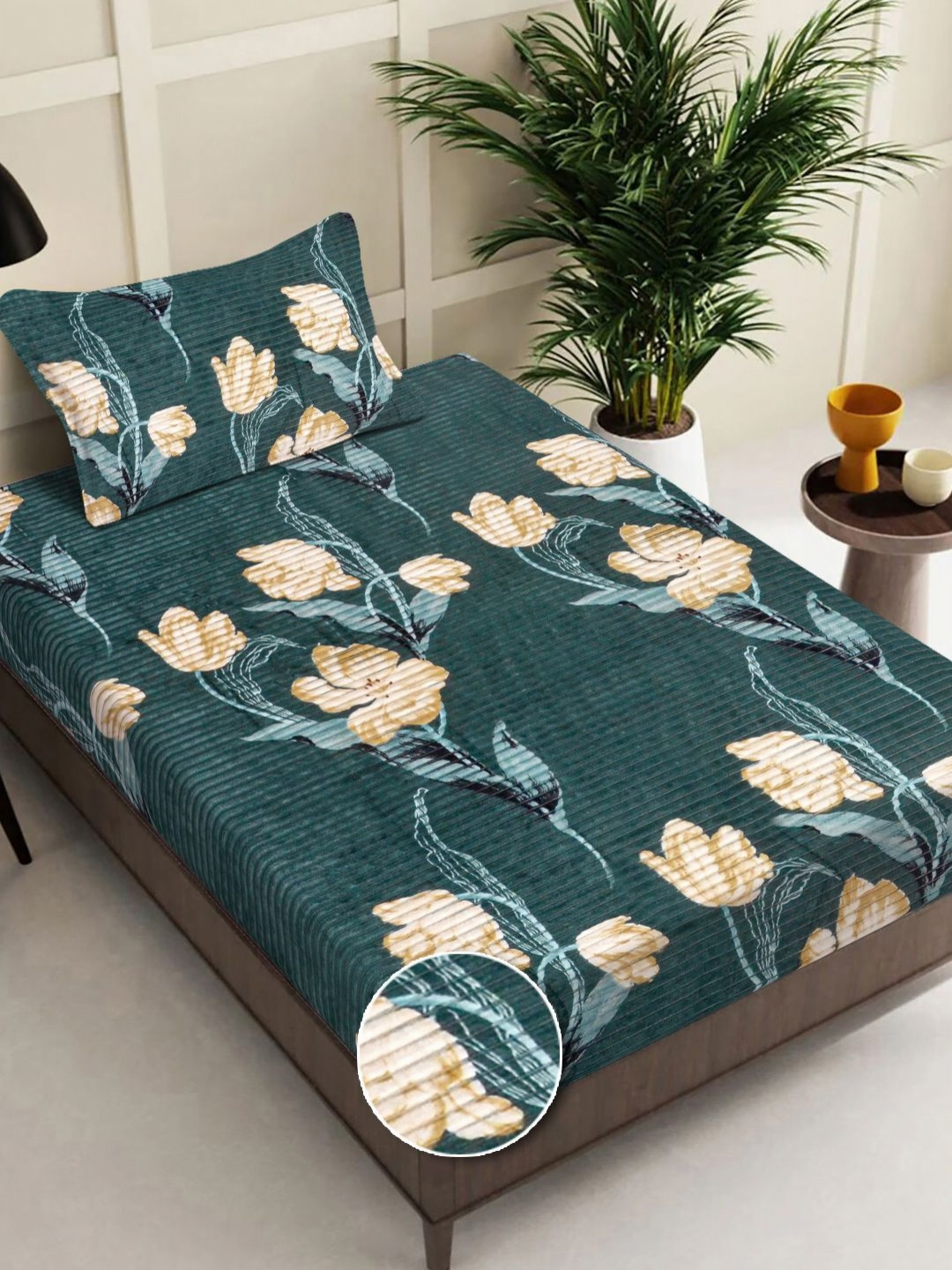 FABINALIV Green And Beige Floral Printed Wool 300 TC Single Bedsheet Set 2.2 m x 1.5 m