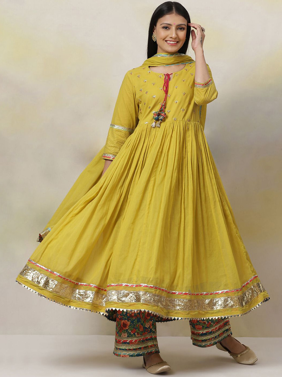 Biba Ethnic Motifs Yoke Design Pleated Pure Cotton Anarkali Kurta with Palazzos & Dupatta