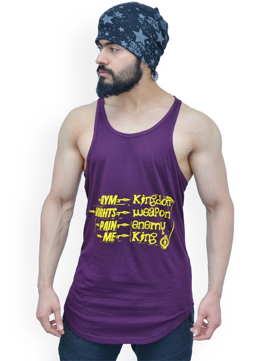 Anax Aesthetics Men Cotton Lycra Printed Sleeveless Arc Sando Gym Vest Stringer Tank Top