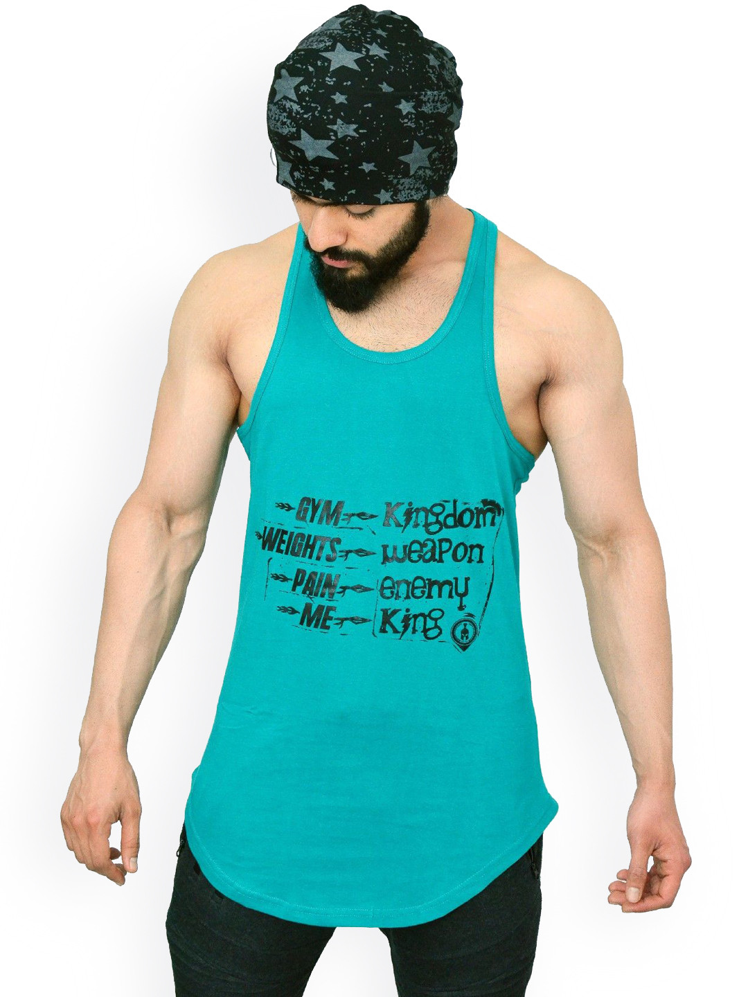 Anax Aesthetics Men Cotton Lycra Printed Sleeveless Arc Sando Gym Vest Stringer Tank Top