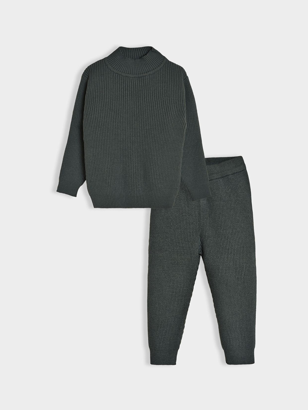 MiArcus Kids Solid Thermal High Neck Green Top & Pajama Set