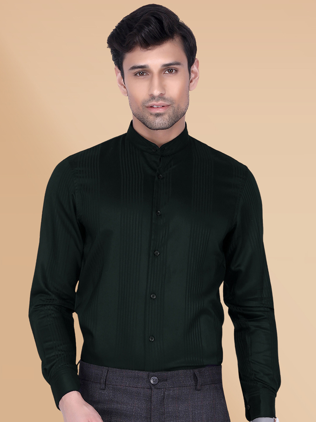Berkshire Men Smart Slim Fit Band Collar Vertical Striped Formal Shirt