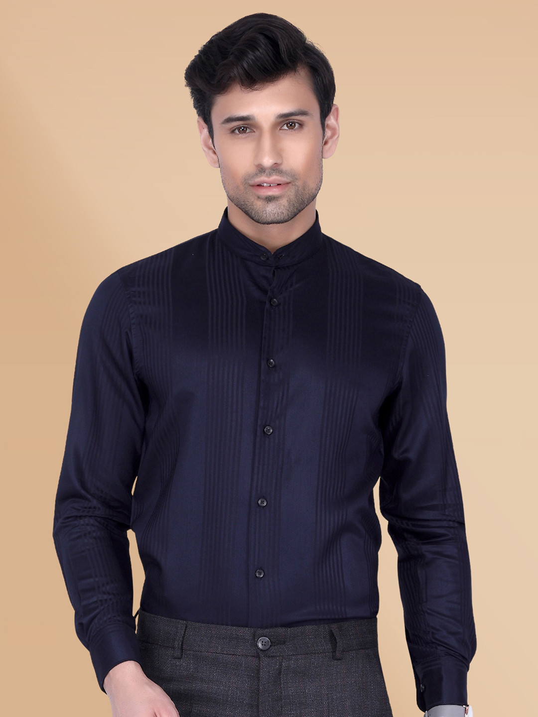 Berkshire Men Smart Slim Fit Band Collar Vertical Striped Casual Shirt